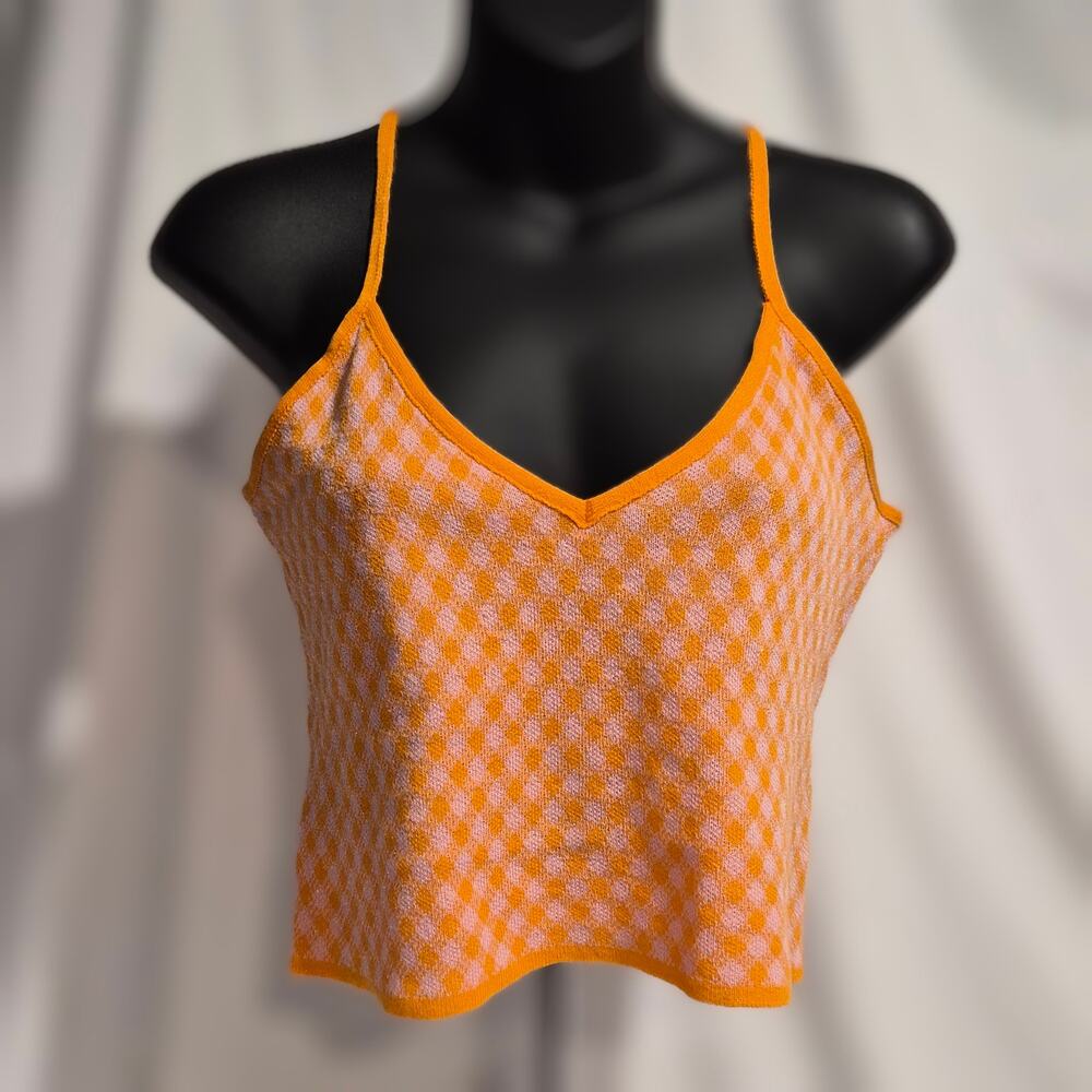 Zara Orange Pink Gingham Knit Crop Top Metallic Sparkle Y2K Retro Camisole Small